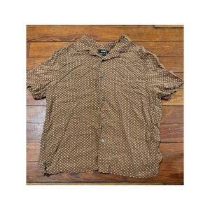 Express Mens L Brown Geometric Print Short Sleeve Button Up Camp Collar Shirt